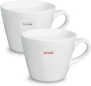 Keith Brymer Jones Word Range Large Ceramic White Mug Pair - bride (lilac) & groom (red) - 350ml